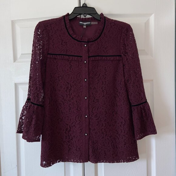 Karl Lagerfeld Tops - NWT Karl Lagerfeld Medium Purple Button Down Lace Blouse Flare Sleeve Black Trim
